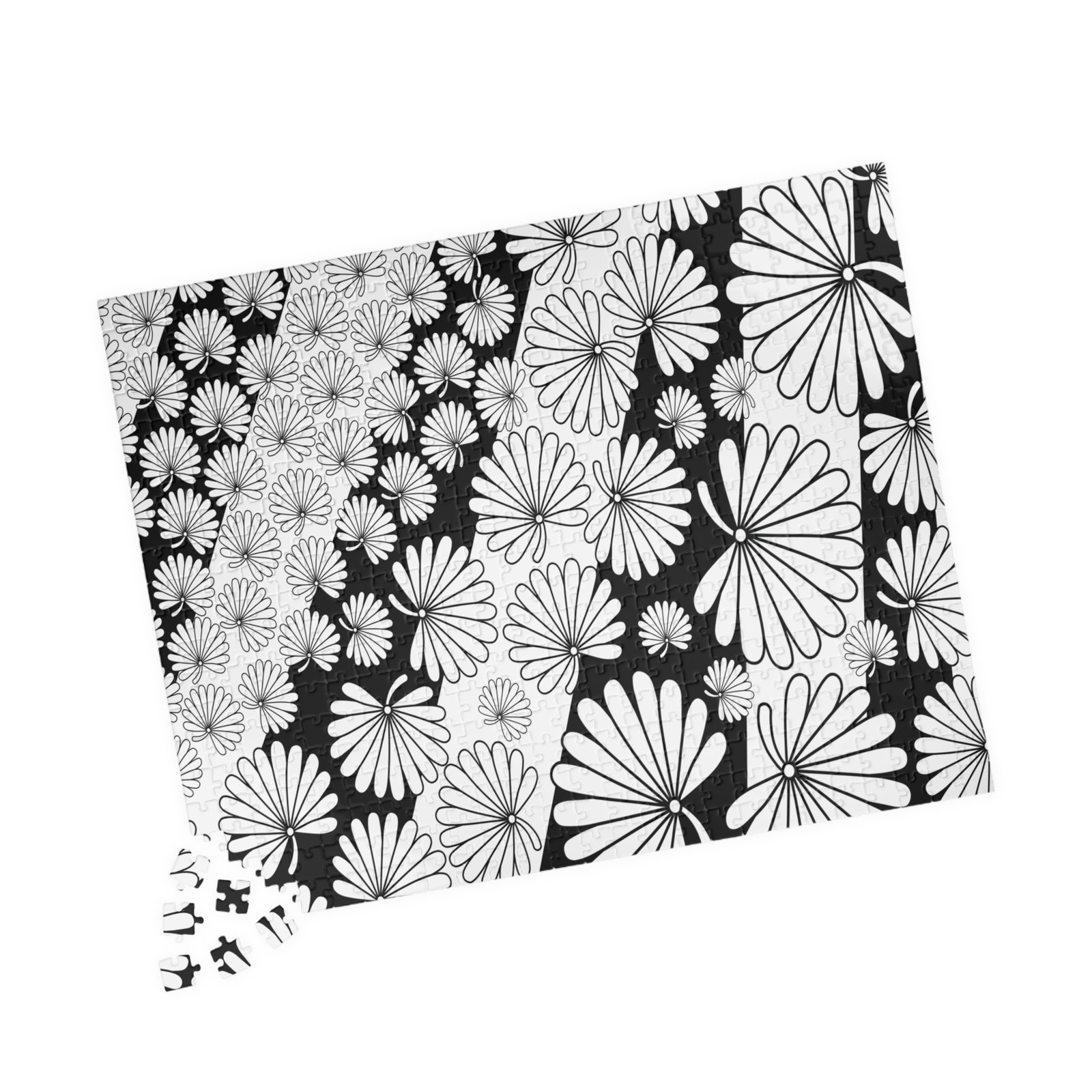 Flowers and Stripes Black and White Modern Puzzle - Image 8