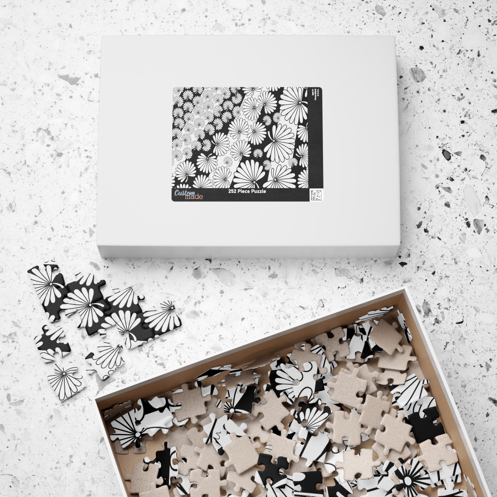 Flowers and Stripes Black and White Modern Puzzle - Image 6