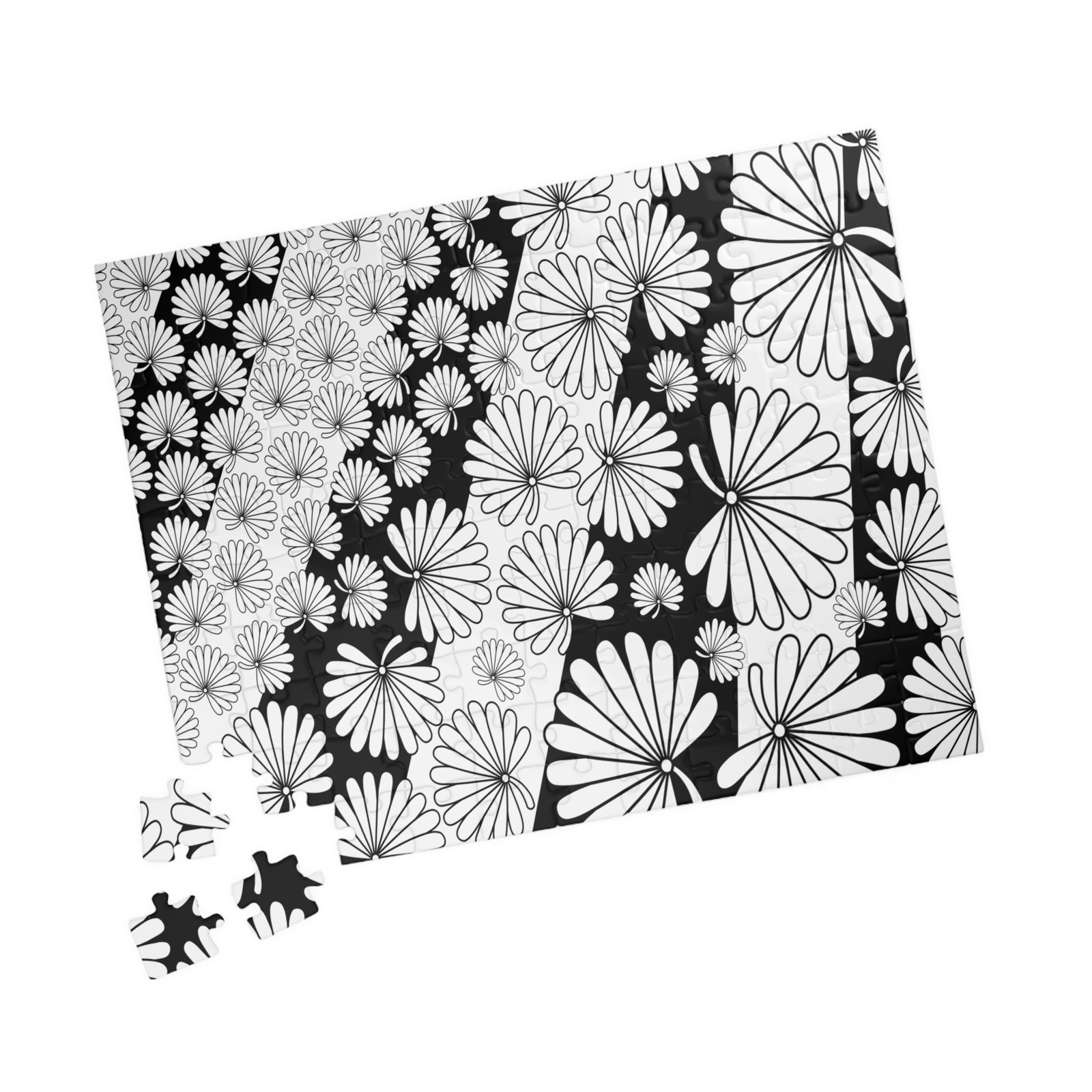 Flowers and Stripes Black and White Modern Puzzle - Image 2