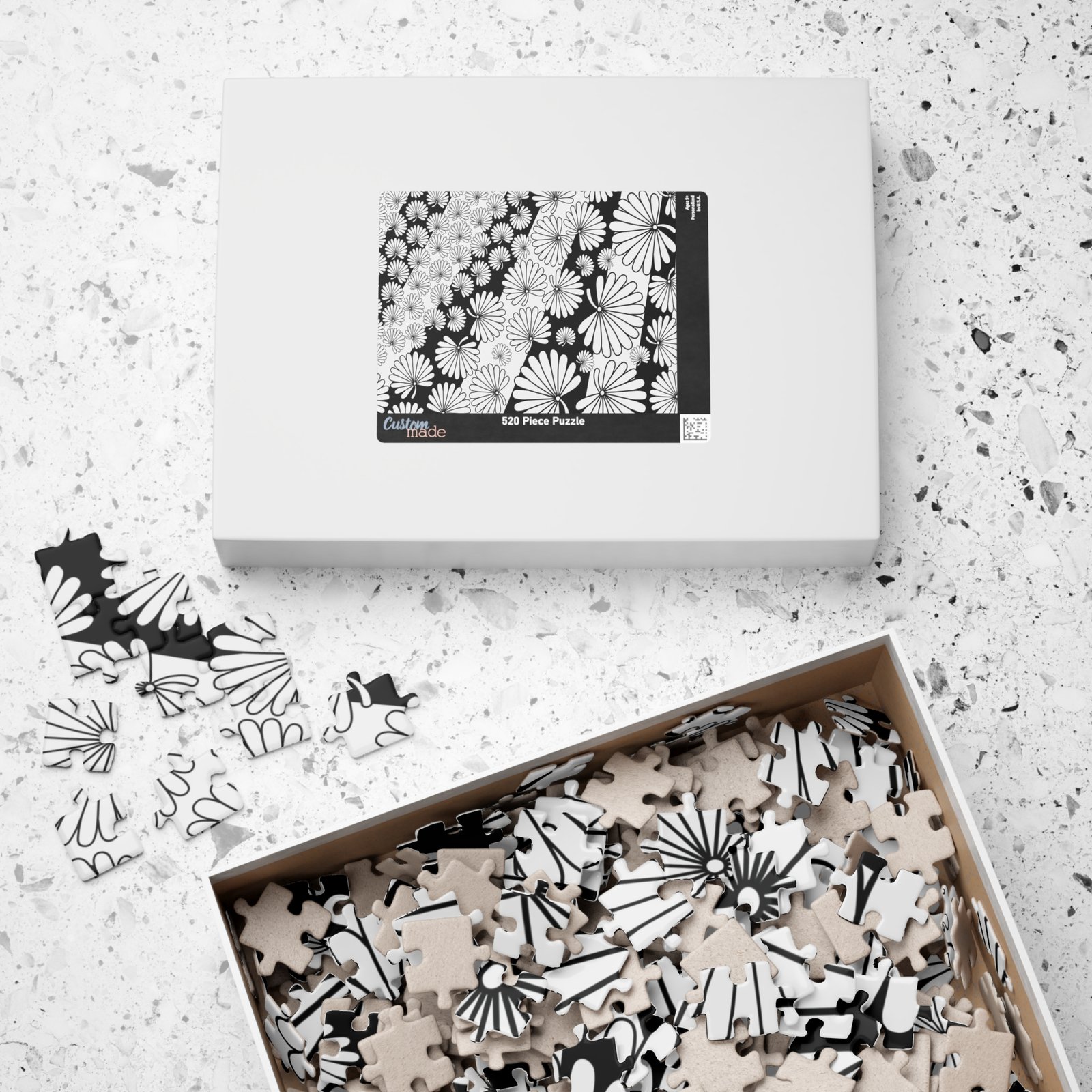 Flowers and Stripes Black and White Modern Puzzle - Image 9