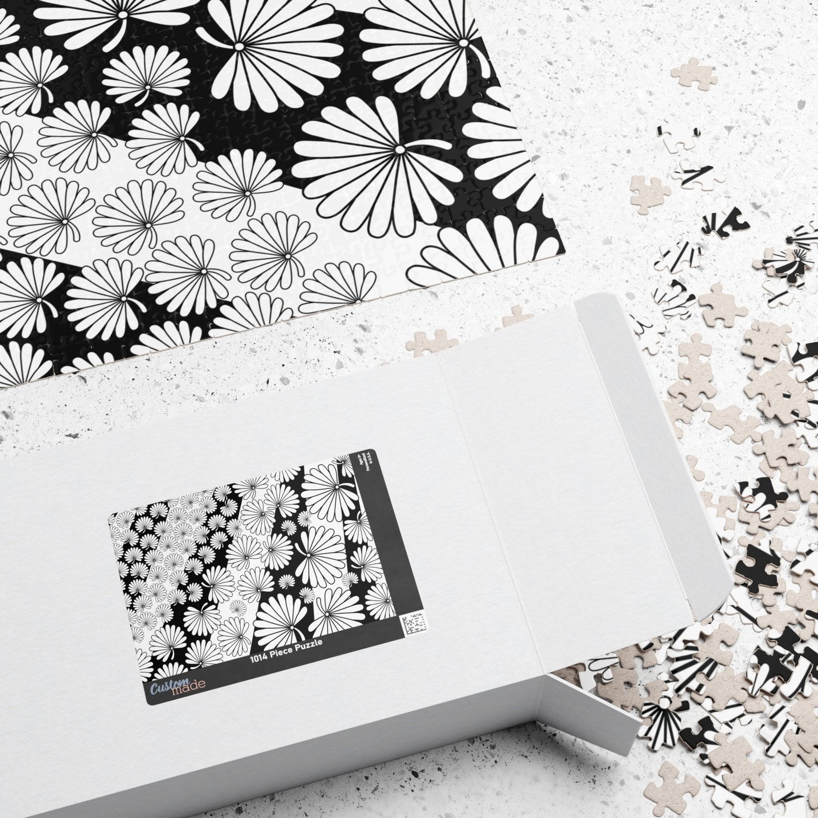 Flowers and Stripes Black and White Modern Puzzle - Image 12