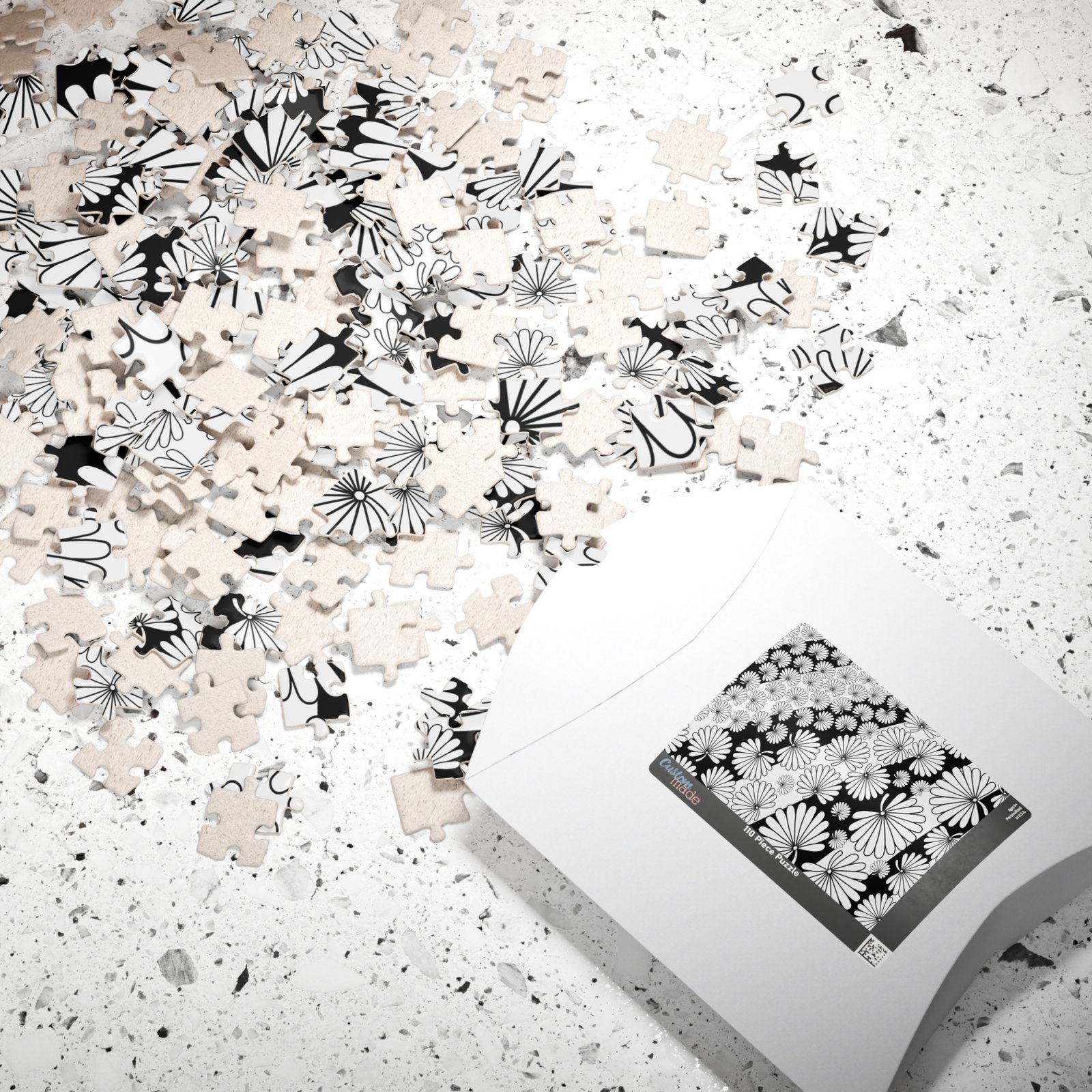 Flowers and Stripes Black and White Modern Puzzle - Image 3