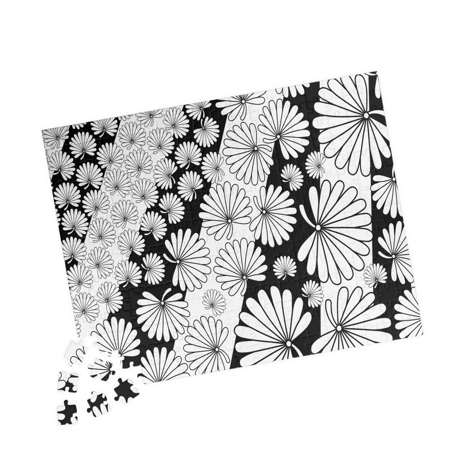 Flowers and Stripes Black and White Modern Puzzle - Image 5